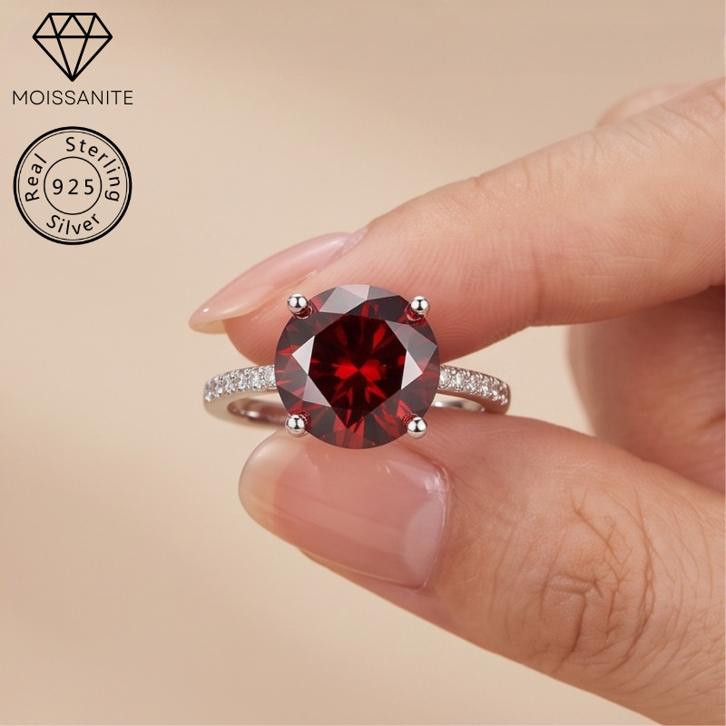 5-Carat Red Moissanite Micro-set Four-claw Ring in 925 Silver